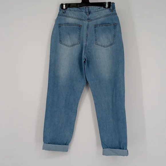 Blue High Waist Distressed Ripped Cuffed Boyfriend Jeans Denim Pants - Picture 13 of 16